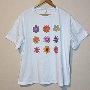 Romwe Shirt Womens Large White Flower Graphic Tee T-Shirt 100% Cotton Casual